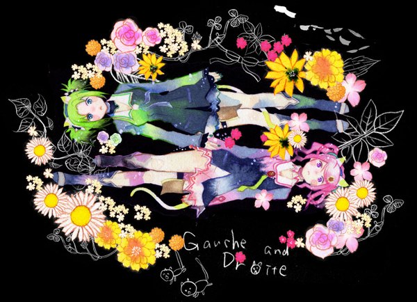 Anime picture 1579x1144 with tales of (series) tales of vesperia gauche droite yoshida yoshitsugi blue eyes purple eyes twintails multiple girls animal ears pink hair tail green hair cat ears cat tail black background girl flower (flowers) 2 girls choker