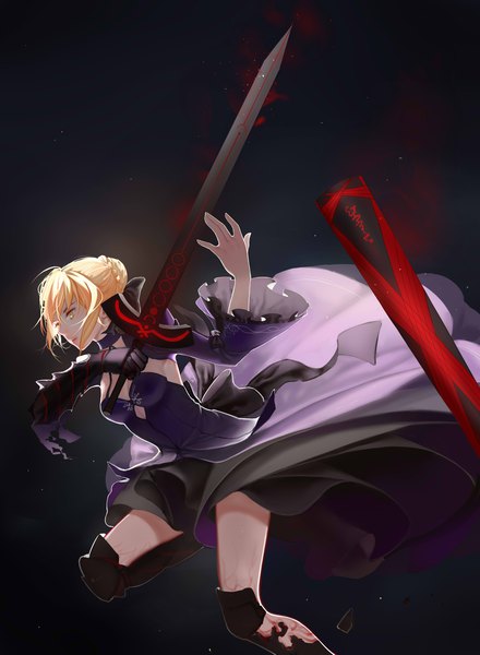 Anime picture 3381x4613 with fate (series) fate/grand order artoria pendragon (all) saber alter iron (2486886134) single tall image fringe highres short hair blonde hair hair between eyes holding yellow eyes payot looking away absurdres dark background girl dress