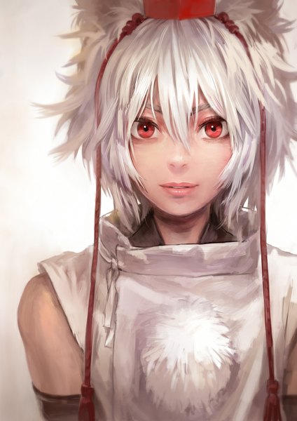 Anime picture 640x905 with touhou inubashiri momiji matsuda (matsukichi) single tall image short hair simple background red eyes white background animal ears white hair light smile realistic wolf ears girl pom pom (clothes) tokin hat