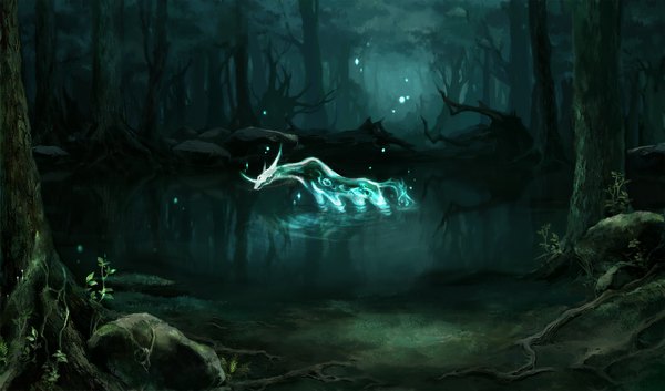 Anime picture 1162x684 with original rook (pixiv) wide image horn (horns) night reflection fantasy ghost transparent plant (plants) tree (trees) water roots