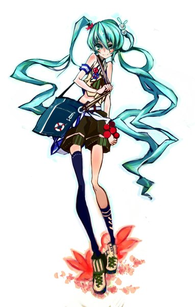 Anime picture 1332x2093 with vocaloid hatsune miku kiku (kicdoc) single tall image looking at viewer blush smile very long hair aqua eyes aqua hair uneven twintails girl thighhighs hair ornament shoes shorts bracelet belt single thighhigh