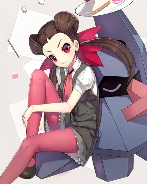 Anime picture 800x1000 with pokemon pokemon (game) pokemon oras nintendo tsutsuji (pokemon) nosepass ririko (zhuoyandesailaer) single long hair tall image looking at viewer blush red eyes brown hair sitting twintails leg hug gen 3 pokemon girl bow