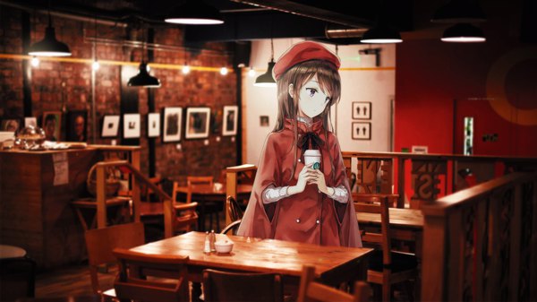 Anime picture 1366x768 with aikatsu! starbucks shibuki ran hiten (hitenkei) aditalfian single long hair fringe brown hair wide image holding brown eyes looking away indoors girl ribbon (ribbons) disposable cup coffee cafe