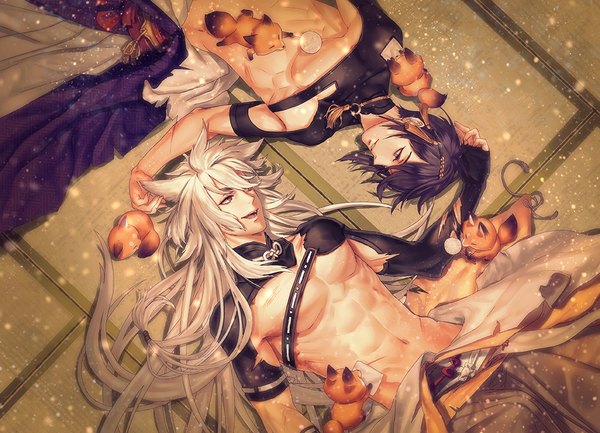 Anime picture 1043x754 with touken ranbu nitroplus mikazuki munechika kogitsunemaru kitunen (artist) long hair fringe short hair purple hair white hair lying parted lips from above lips multiple boys on back muscle eye contact talking boy