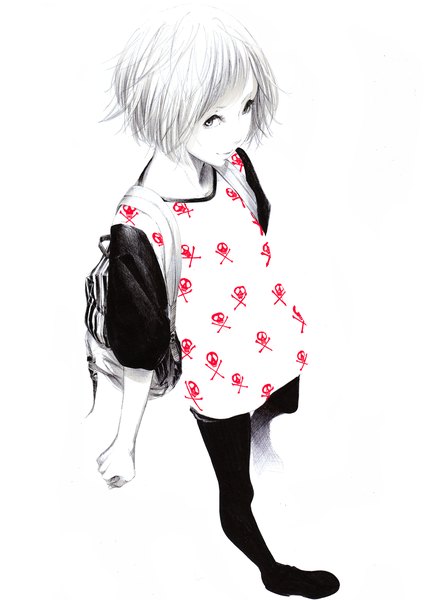Anime picture 1280x1810 with original sousou (sousouworks) single tall image short hair blonde hair simple background standing white background full body light smile grey eyes monochrome casual skull and crossbones skull print partially colored girl pantyhose t-shirt