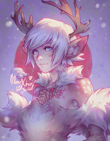 Anime picture 701x900 with jurikoi single tall image short hair blue eyes animal ears white hair horn (horns) light smile inscription christmas merry christmas antlers deer ears reindeer girl girl fur