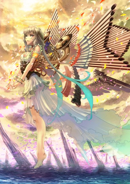 Anime picture 2508x3541 with original kopa (artist) single long hair tall image highres open mouth blue eyes blonde hair bare shoulders looking away barefoot sunlight girl dress petals wings musical instrument trumpet