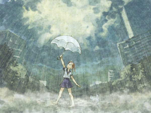 Anime picture 1200x900 with twintails red hair barefoot short twintails rain uniform school uniform serafuku umbrella child (children) dog umejintan