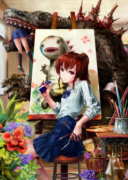 Anime picture 2067x2900 with original kabihuton (artist) long hair tall image looking at viewer highres smile red eyes sitting multiple girls holding brown eyes ponytail red hair long sleeves twisty sleeves drawing painting product placement girl
