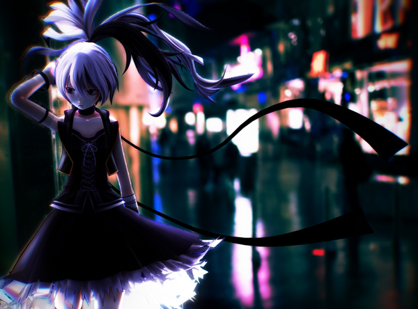 Anime picture 1024x758 with vocaloid flower (vocaloid) leyumirrorsound single long hair fringe standing purple eyes bare shoulders looking away purple hair white hair ponytail multicolored hair realistic two-tone hair city arm behind head city lights street