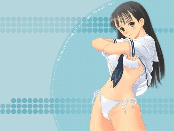 Anime picture 1024x768 with sora no iro mizu no iro mizushima asa tony taka long hair light erotic black hair black eyes wallpaper undressing tan tan lines girl uniform swimsuit school uniform bikini white bikini sailor suit