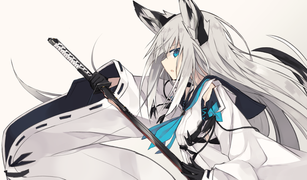 Anime picture 1393x821 with azur lane kawakaze (azur lane) nagishiro mito single long hair looking at viewer fringe open mouth blue eyes simple background hair between eyes wide image holding animal ears payot silver hair tail animal tail profile wide sleeves