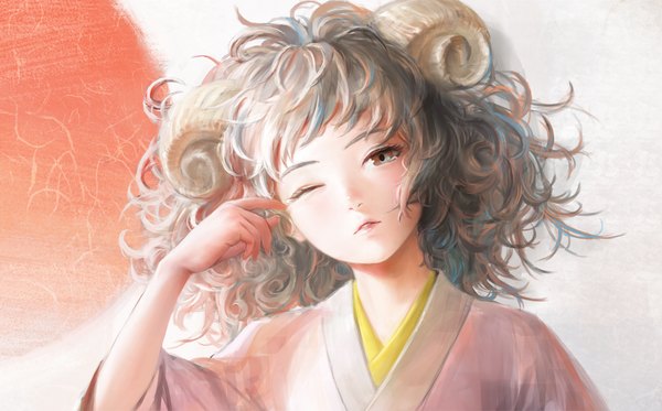 Anime picture 1024x637 with original arata yokoyama single long hair looking at viewer fringe wide image brown eyes traditional clothes parted lips head tilt japanese clothes one eye closed horn (horns) lips tears portrait wavy hair eyebrows girl