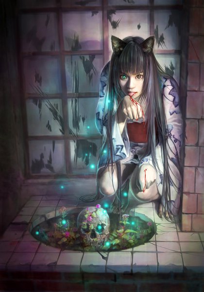 Anime picture 960x1372 with original eat0123 single long hair tall image looking at viewer fringe open mouth black hair brown eyes green eyes animal ears full body traditional clothes japanese clothes cat ears realistic heterochromia squat glow