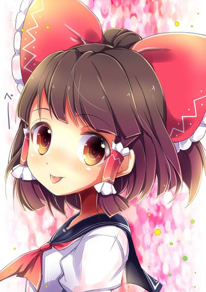 Anime picture 1018x1440 with touhou hakurei reimu uta (kuroneko) single tall image looking at viewer blush fringe short hair brown hair brown eyes ponytail alternate costume girl uniform bow hair bow serafuku tongue