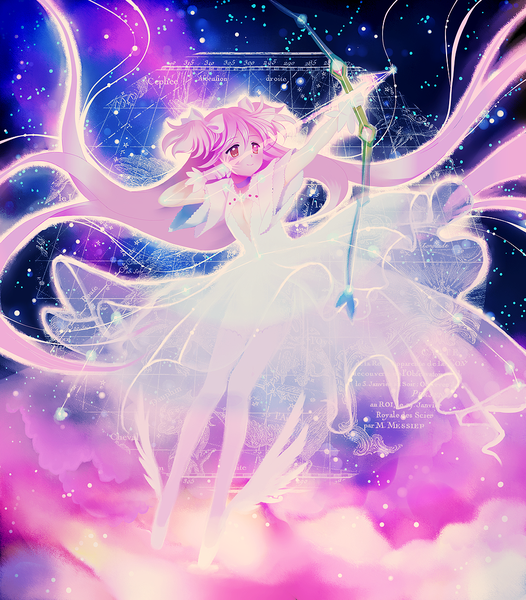Anime picture 1000x1140 with mahou shoujo madoka magica shaft (studio) kaname madoka goddess madoka apricot crown single tall image breasts smile twintails pink hair cleavage very long hair pink eyes short twintails space magical girl constellation girl dress