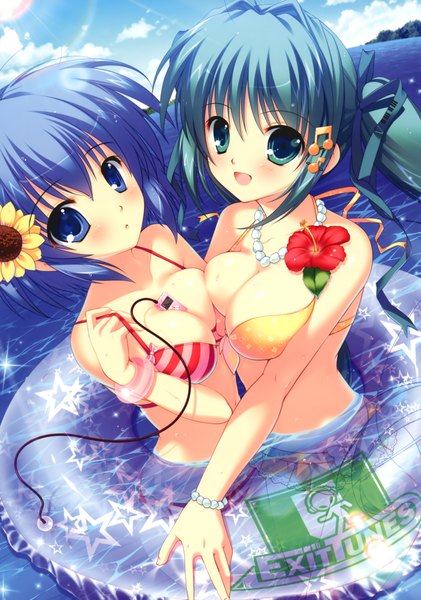 Anime picture 3282x4678 with exit tunes mikeou long hair tall image blush highres short hair breasts open mouth blue eyes light erotic multiple girls green eyes blue hair absurdres hair flower green hair girl hair ornament ribbon (ribbons)