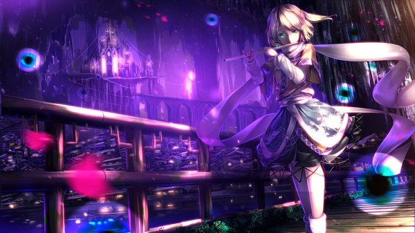 Anime picture 1778x1000 with touhou mizuhashi parsee ryosios single looking at viewer highres short hair blonde hair wide image green eyes ponytail pointy ears blurry side ponytail half updo scenic revision playing instrument girl dress
