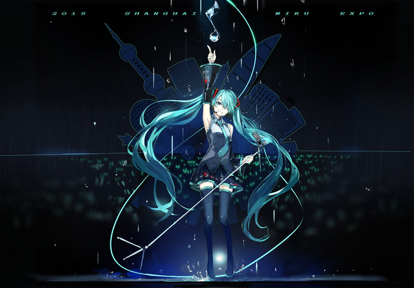 Anime picture 2000x1392 with vocaloid hatsune miku saberiii single looking at viewer highres twintails very long hair pleated skirt one eye closed arm up aqua eyes wink aqua hair inscription zettai ryouiki girl skirt miniskirt water