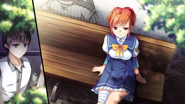 Anime picture 1280x720 with gensou douwa alicetale short hair red eyes brown hair wide image yellow eyes game cg red hair multiview girl boy uniform school uniform glasses bandage (bandages) bench