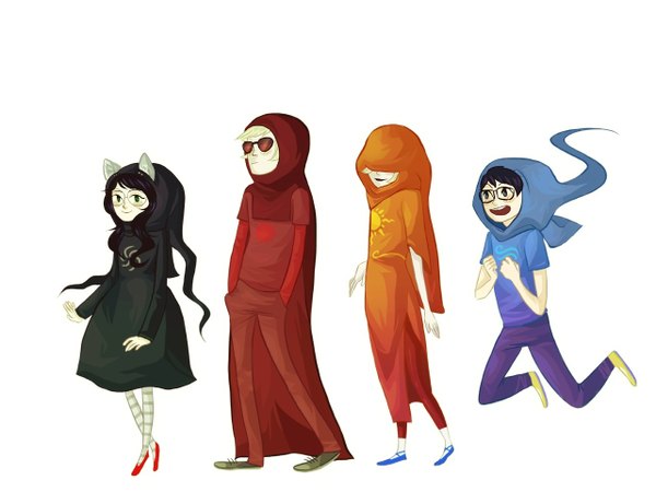 Anime picture 1280x960 with homestuck dave strider jade harley john egbert rose lalonde brianne long hair short hair open mouth black hair simple background blonde hair smile white background animal ears jumping hands in pockets hair over eyes girl boy
