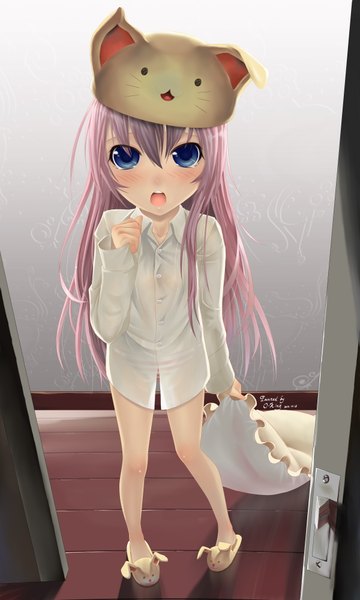 Anime picture 2400x4000 with vocaloid toeto (vocaloid) megurine luka okingjo long hair tall image blush highres open mouth blue eyes pink hair loli girl hat shirt pillow cat bunny
