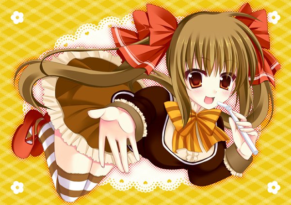 Anime picture 1169x827 with yukijirushi yukiko-tan mameyarou single long hair looking at viewer blush open mouth red eyes brown hair twintails girl thighhighs dress bow hair bow striped thighhighs