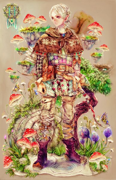 Anime picture 1300x2009 with original yogisya single tall image short hair blonde hair purple eyes pointy ears elf boy flower (flowers) plant (plants) earrings water boots belt insect butterfly bow (weapon) arrow (arrows)
