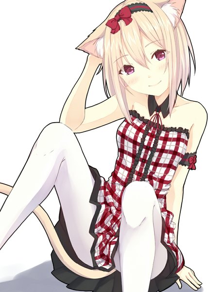 Anime picture 800x1120 with original 96tuki single tall image looking at viewer blush short hair breasts simple background blonde hair smile red eyes white background sitting bare shoulders animal ears tail animal tail cat ears arm support