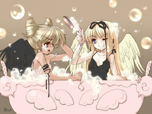 Anime picture 1024x768 with itou noiji blonde hair smile one eye closed wink girl ribbon (ribbons) wings bubble (bubbles) bath