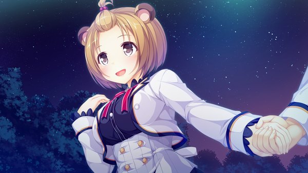 Anime picture 1920x1080 with world election whirlpool (studio) tanba ponko blush highres short hair open mouth brown hair wide image animal ears yellow eyes game cg night holding hands girl uniform school uniform