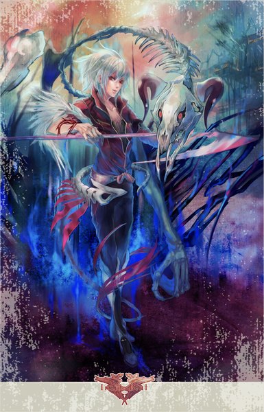 Anime picture 1500x2338 with original ic-kaname single tall image short hair red eyes silver hair fingernails open clothes open jacket glowing long fingernails skeleton androgynous bone (bones) weapon earrings wings jacket belt