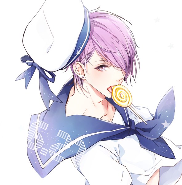 Anime picture 798x811 with lucky dog giulio di bondone komichi96 single tall image blush fringe short hair simple background white background purple eyes holding purple hair from above hair over one eye piercing mouth hold dated ear piercing hat removed