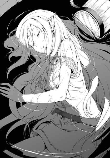 Anime picture 833x1195 with gate - jieitai ka no chi nite kaku tatakaeri a-1 pictures tuka luna marceau kurojishi (artist) single long hair tall image fringe eyes closed from above pointy ears official art short sleeves partially submerged monochrome elf wet clothes ripples afloat novel illustration