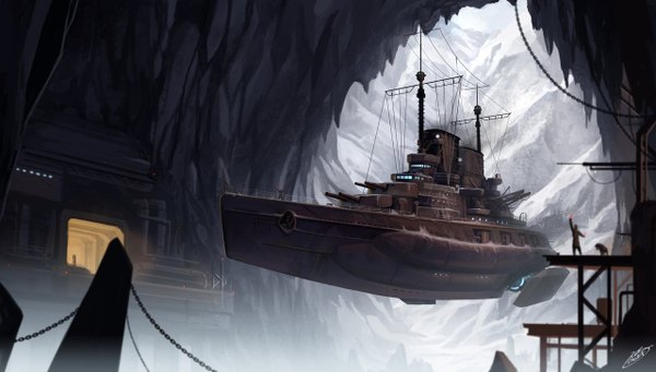 Anime picture 1280x728 with original okita wide image signed blurry winter snow weightlessness science fiction chain dog aircraft ice airship cave