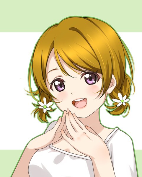 Anime picture 1590x1984 with love live! school idol project sunrise (studio) love live! koizumi hanayo clouble single tall image looking at viewer blush open mouth smile brown hair purple eyes upper body braid (braids) hair flower teeth twin braids happy striped background