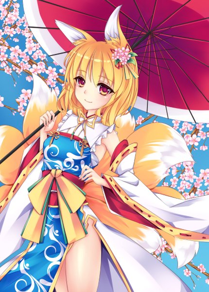 Anime picture 861x1200 with touhou yakumo ran fred0092 single tall image short hair blonde hair animal ears tail animal tail orange eyes fox ears cherry blossoms fox tail fox girl spring girl dress plant (plants) detached sleeves