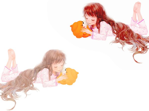 Anime picture 1300x975 with original matayoshi long hair simple background brown hair white background multiple girls lying eyes closed barefoot light smile lips reclining girl 2 girls toy stuffed animal teddy bear pajamas