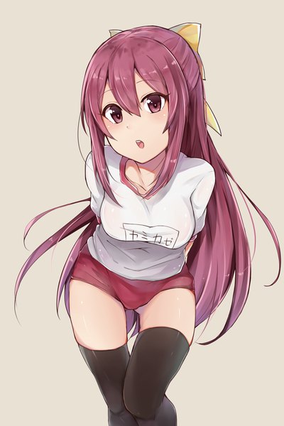 Anime picture 1181x1771 with kantai collection kamikaze destroyer zhi zhi/zu zu single long hair tall image looking at viewer fringe open mouth light erotic simple background hair between eyes purple eyes purple hair bent knee (knees) leaning leaning forward ass visible through thighs hands behind back half updo