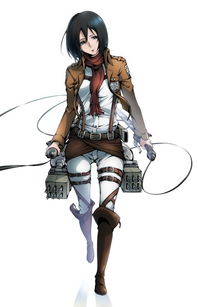 Anime picture 1000x1544 with shingeki no kyojin production i.g mikasa ackerman marichi single tall image short hair blue eyes black hair holding walking dual wielding girl weapon sword jacket boots belt scarf pants