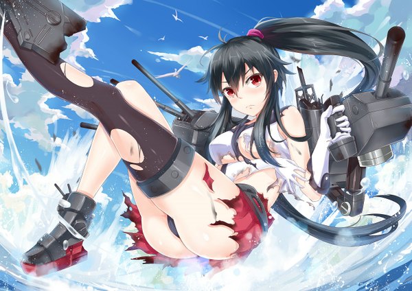 Anime picture 1403x992 with kantai collection yahagi light cruiser fengsao hua tanzhang single long hair looking at viewer light erotic black hair red eyes sky cloud (clouds) ponytail pantyshot torn clothes girl thighhighs skirt underwear panties weapon