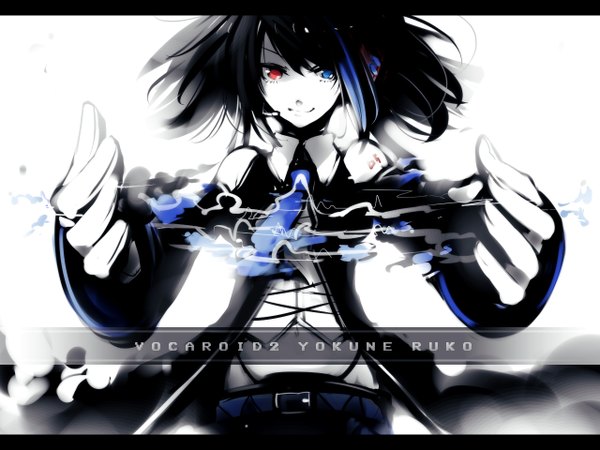 Anime picture 1280x960 with utau yokune ruko looking at viewer fringe simple background white background light smile wind inscription character names white skin girl detached sleeves necktie headphones microphone