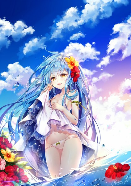 Anime picture 706x1000 with original hieihirai single tall image blush fringe open mouth light erotic smile standing bare shoulders signed yellow eyes blue hair sky cloud (clouds) ahoge very long hair :d hair flower