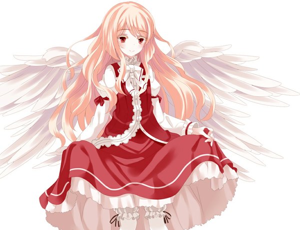 Anime picture 1062x816 with touhou sariel nanatuki13 (artist) single long hair looking at viewer blush simple background blonde hair smile red eyes white background girl dress wings frills