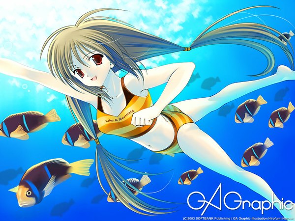 Anime picture 1024x768 with gagraphic long hair looking at viewer open mouth blonde hair smile red eyes inscription girl swimsuit fish (fishes)
