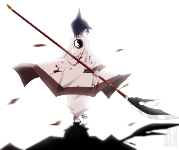 Anime picture 1200x1006 with shaman king xebec tao ren aconst single short hair black hair white background shadow coloring back boy weapon blood cloak spear