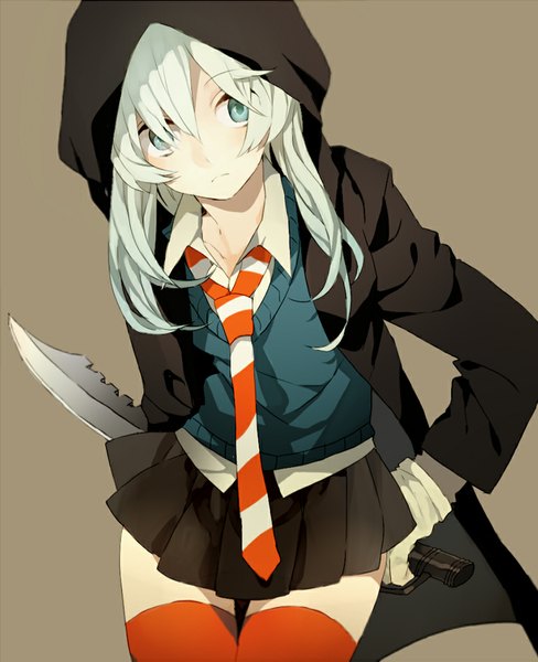 Anime picture 836x1028 with original newo (shinra-p) single long hair tall image fringe light erotic simple background holding looking away pleated skirt aqua eyes aqua hair leaning zettai ryouiki leaning forward brown background girl skirt gloves