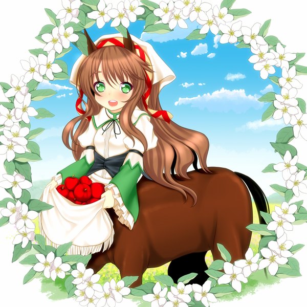 Anime picture 1200x1200 with original kiyomin single long hair blush open mouth brown hair green eyes animal ears monster girl girl flower (flowers) apple centaur