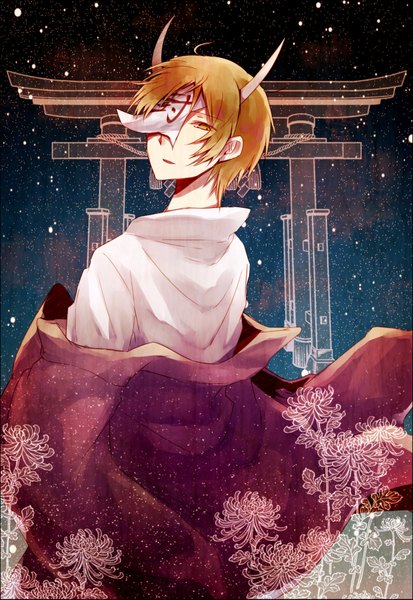 Anime picture 1200x1743 with natsume yuujinchou brains base (studio) natsume takashi single tall image short hair blonde hair yellow eyes traditional clothes looking back horn (horns) hieroglyph boy flower (flowers) star (stars) mask higanbana ofuda