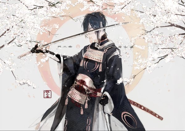 Anime picture 1200x853 with touken ranbu nitroplus mikazuki munechika daken single looking at viewer fringe highres short hair black hair brown hair wide image holding traditional clothes japanese clothes profile wide sleeves cherry blossoms crescent boy